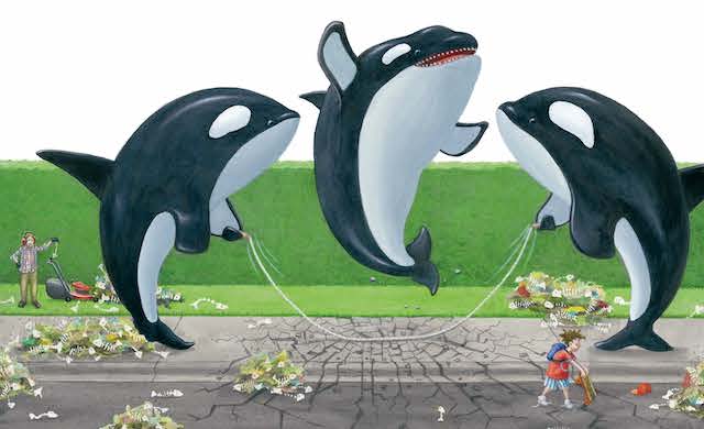 Ilustração interna do livro infantil A marcha das baleias, de Nick Bland, que mostra uma distopia ambiental