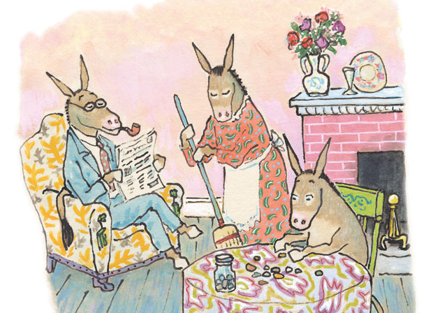 Ilustração do livro Silverster e a pedrinha mágica, de William Steig, que mostra pai, mãe e filho na sala de estar