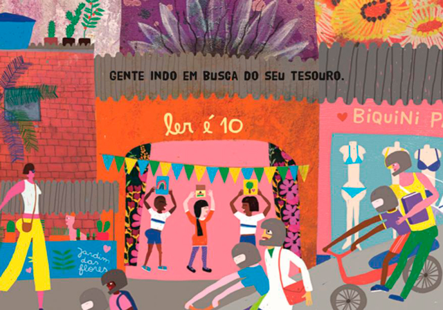 Ilustração de Vanina Starkoff para o livro Da minha janela, que retrata o cotidiano do Complexo do Alemão