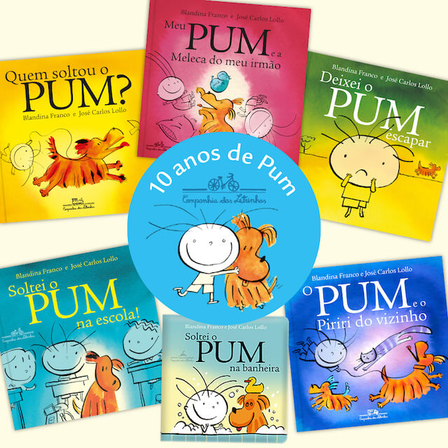 Montagem com as capas dos livros do cachorro Pum, personagem de Blandina Franco e Lollo