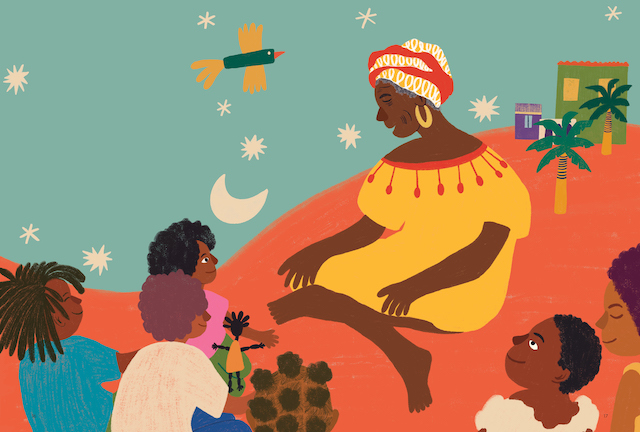 Ilustração de Raquel Trindade, a Rainha Kambinda, a contar histórias ancestrais para as crianças