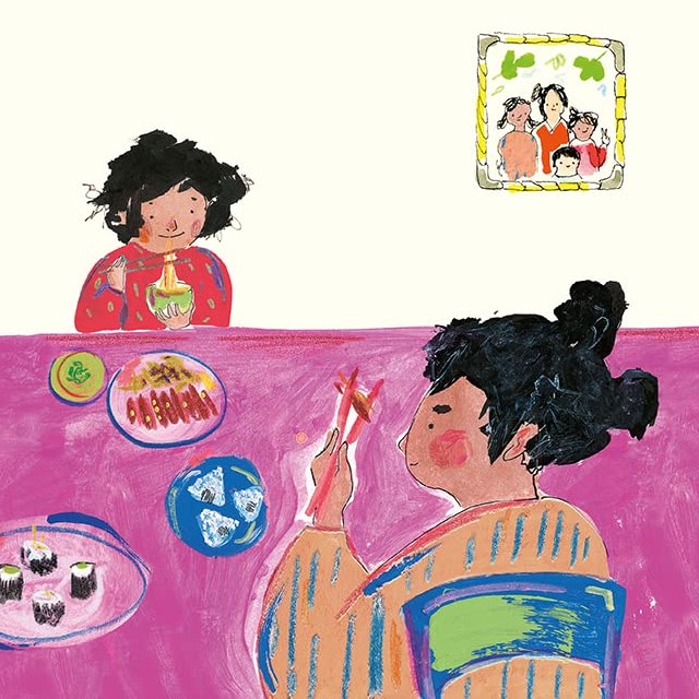 MAya e sua mãe comendo sushi - ilustração do livro "Almoço de família", de Janaina Tokitaka