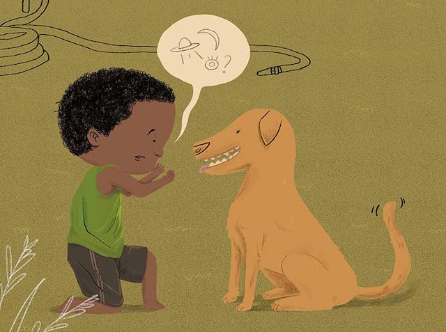 Ilustração do livro Aqui e aqui, na qual se vê o menino protagonista perguntando ao cachorro o mistério que o intriga