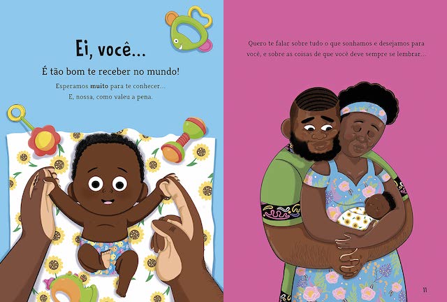 Página de abertura do livro infantil "Ei, você!: um livro sobre crescer com orgulho de ser negro", que dá as boas-vindas a um bebê