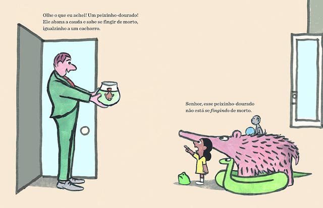 Página do livro Eu quero um cachorro, um livro infantil cheio de humor e ironia, de Jon Agee, pela Pequena Zahar