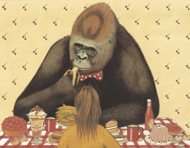 Ilustração de Hannah e seu amigo no livro infantil Gorila, de Anthony Browne