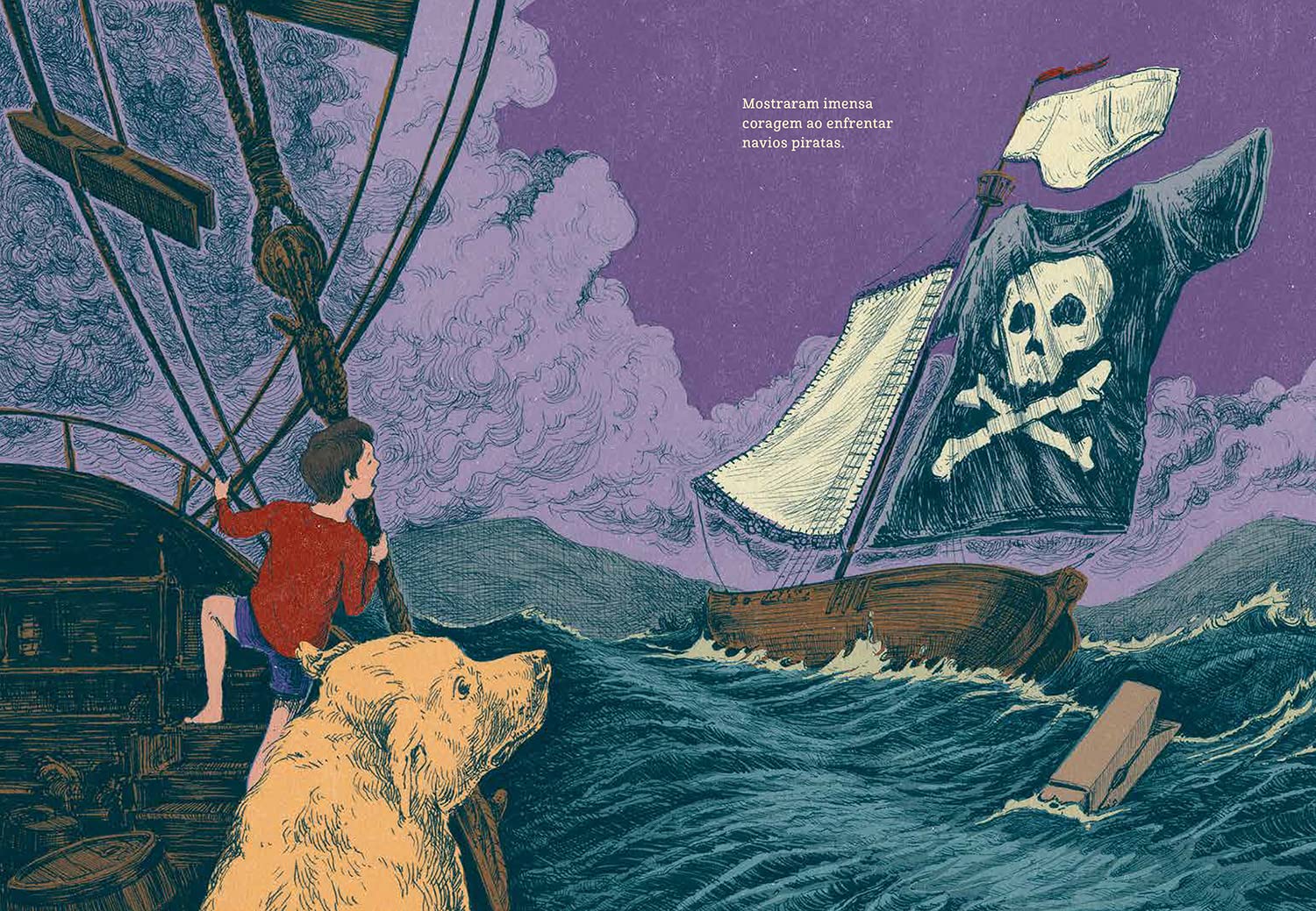 Ilustração do livro Domingo, de Marcelo Tolentino, que mostra uma aventura pirata a partir de uma bacia e uma camiseta