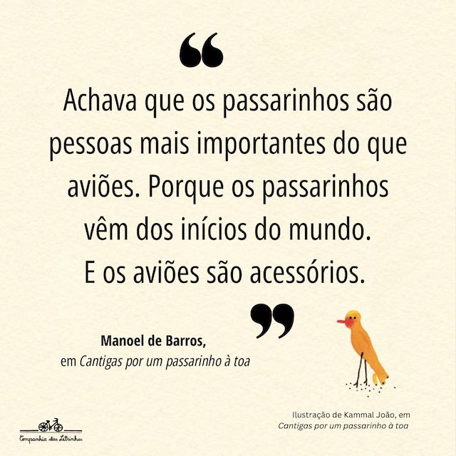 Frase de Manoel de Barros: "Achava que os passarinhos são pessoas mais importantes do que aviões. Porque os passarinhos vêm dos inícios do mundo. E os aviões são acessórios."