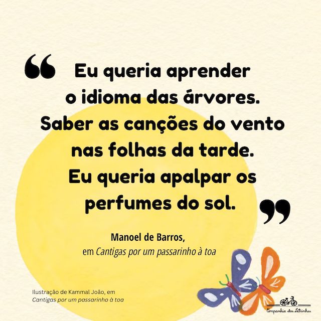 Frase de Manoel de Barros: "Eu queria aprender o idioma das árvores. Saber as canções do vento nas folhas da tarde. Eu queria apalpar os perfumes do sol."