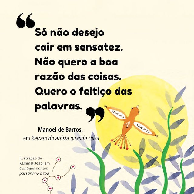 Frase de Manoel de Barros: "Só não desejo cair em sensatez.  Não quero a boa razão das coisas.  Quero o feitiço das palavras."