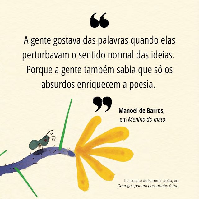 Frase de Manoel de Barros: "A gente gostava das palavras quando elas perturbavam  o sentido normal das ideias.  Porque a gente também sabia que só os absurdos  enriquecem a poesia."