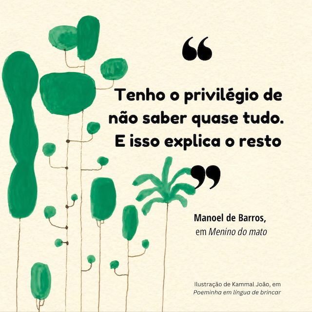 Frase de Manoel de Barros: "Tenho o privilégio de não saber quase tudo. E isso explica  o resto."