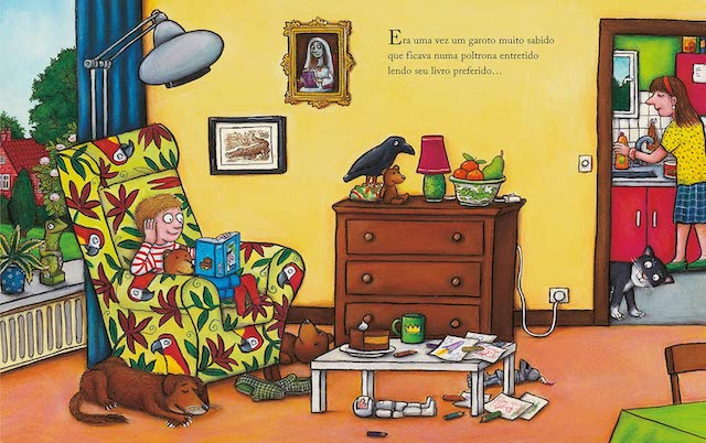 Ilustração de O livro preferido de um garoto sabido, de Julia Donaldson, que faz homenagem à leitura de clássicos