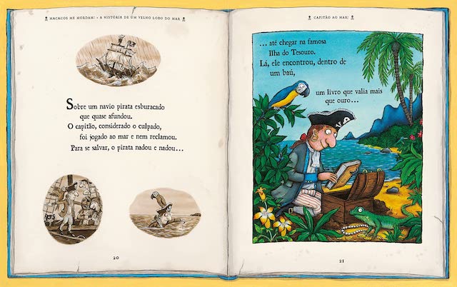 Na ilustração de O livro preferido de um garoto sabido, o menino lê uma história de pirata que encontra um livro no baú do tesouro