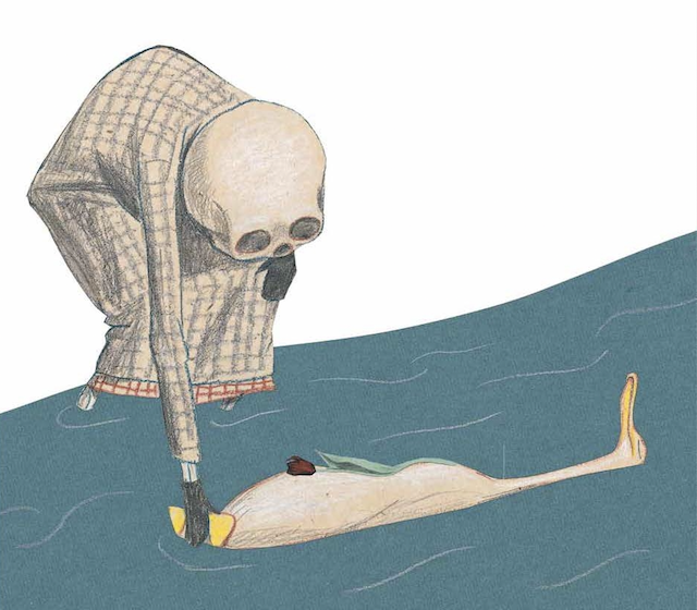 Ilustração do livro O pato, a morte e a tulipa, que trata do tema da morte com lirismo e delicadeza. Na cena, a morte deita o pato no rio