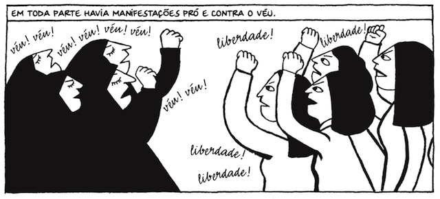 Ilustração dos quadrinhos Persépolis, de Marjane Satrapi