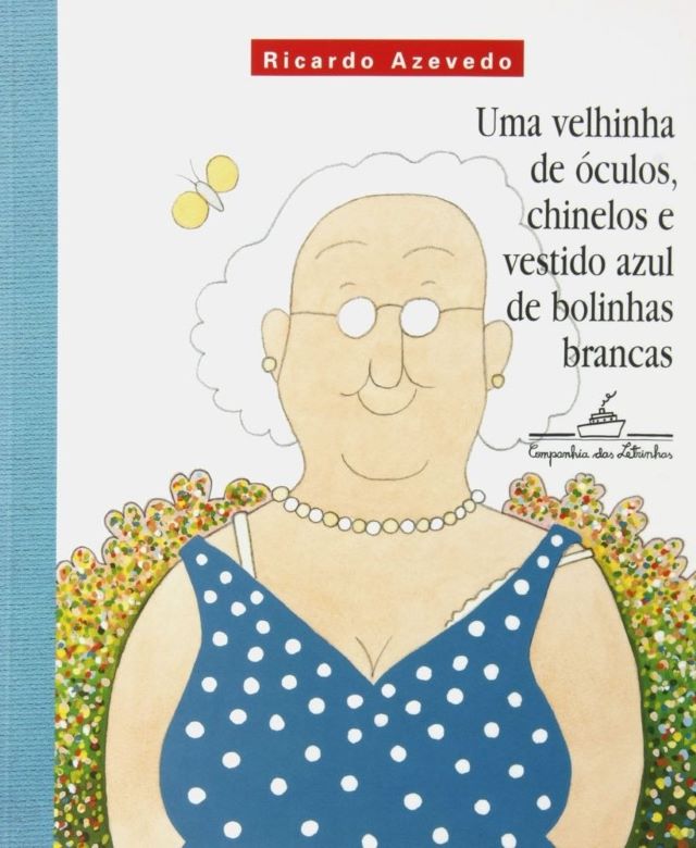 Capa de Uma velhinha de óculos, chinelo e vestido azul de bolinhas brancas